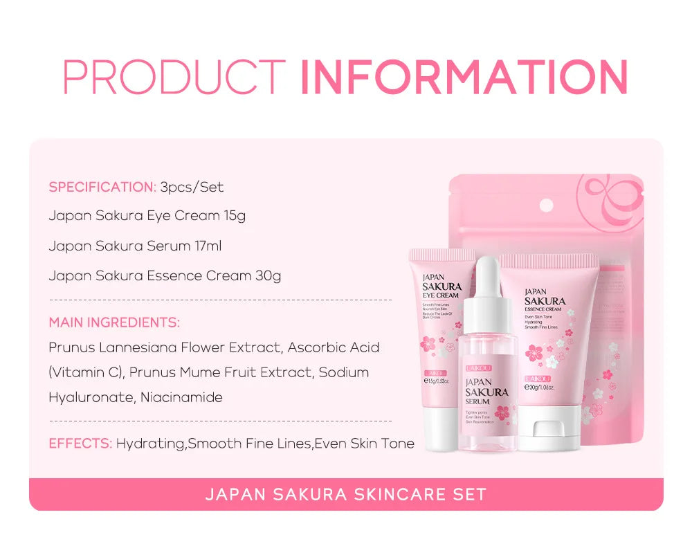 3pcs/set LAIKOU Vitamin C 24K Golden Sakura Skin Care Sets Face Cream Serum Eye Cream Moisturizing Anti Wrinkles Face Care Kit