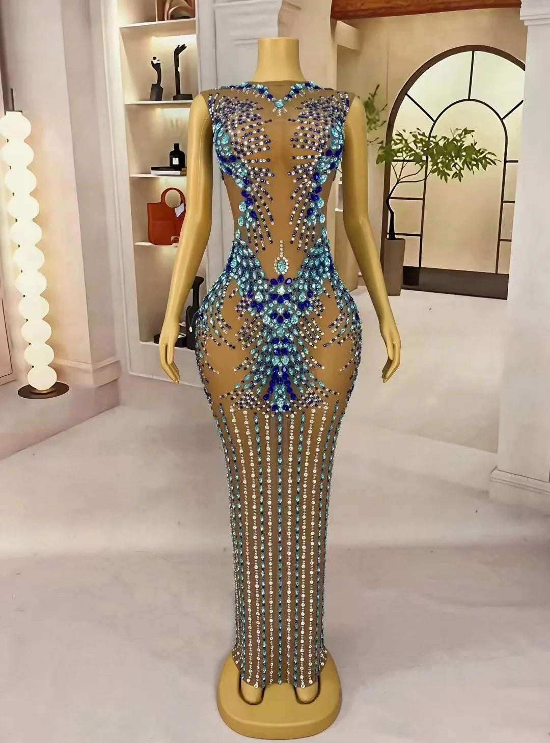 Sexy Luxury Sparkly Rhinestones Nude Mesh  Maxi Dress Women Evening Party Elegant Gown Show Red carpet Stage Costume