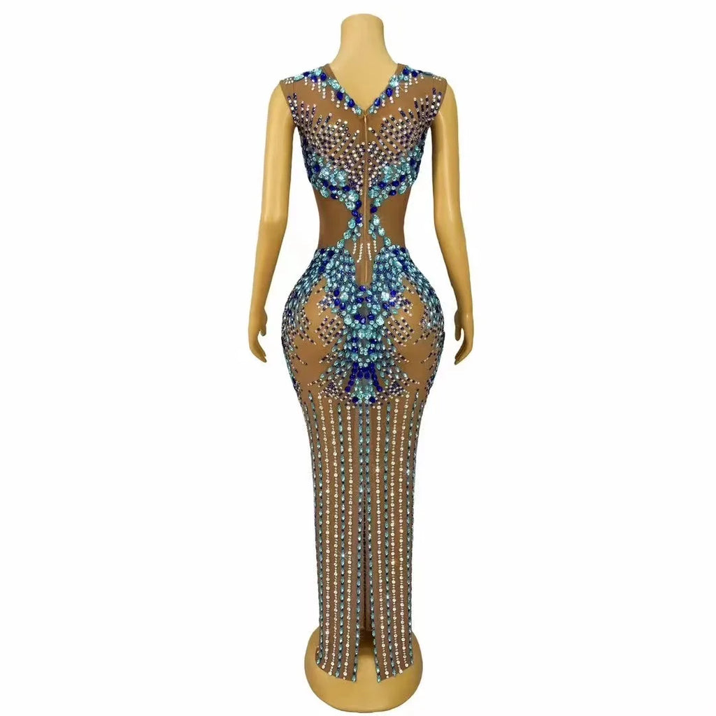 Sexy Luxury Sparkly Rhinestones Nude Mesh  Maxi Dress Women Evening Party Elegant Gown Show Red carpet Stage Costume