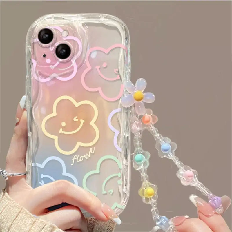Phone Case For iPhone 17 16 15 Pro Max 14 11 13 12 Mini Plus 16E 17 Air IPhone17 Back Cover Flower Bracelet Wrist Chain Strap