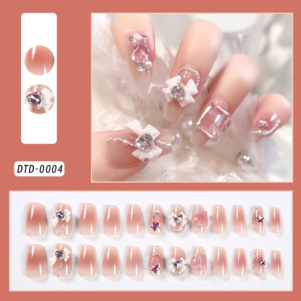 24Pcs Gold Ripple Brown Flowers False Nails with Rhinestones Pearl Design Wearable Almond False Nails Full Cover Press on Nails