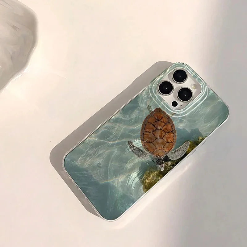 Phone Case For iPhone 16 15 14 13 12 11 Pro 16E 15Pro 16Pro Max X XS Max XR SE 2 7 8 Plus Cool Turtle Seaside Pattern IMD Cover