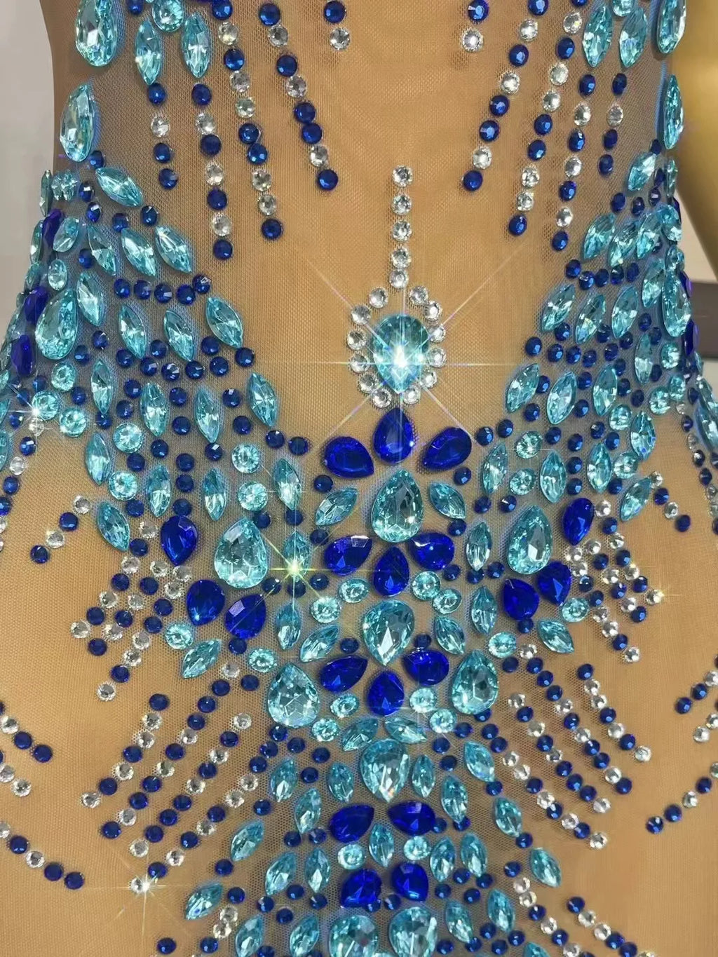 Sexy Luxury Sparkly Rhinestones Nude Mesh  Maxi Dress Women Evening Party Elegant Gown Show Red carpet Stage Costume