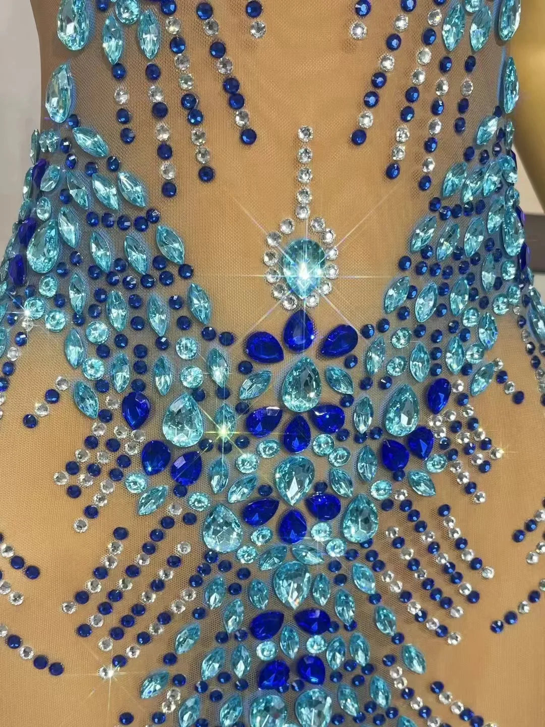 Sexy Luxury Sparkly Rhinestones Nude Mesh  Maxi Dress Women Evening Party Elegant Gown Show Red carpet Stage Costume