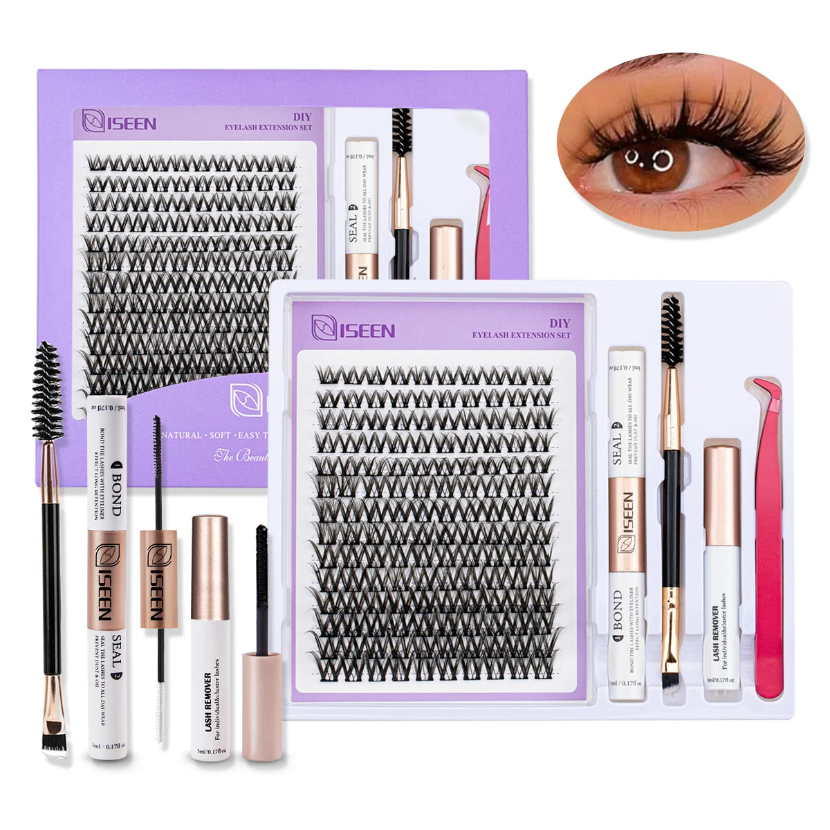 ISEEN DIY Lash Extension Mix Styles Lash Clusters Individual with Bond&Seal Remover Tweezers Lash Brush for Self Application
