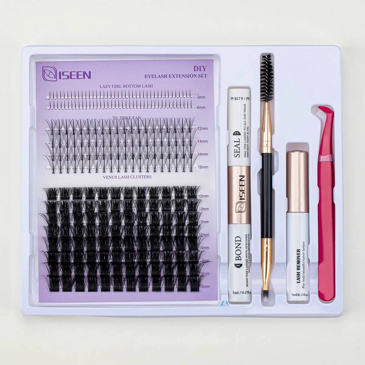 ISEEN DIY Lash Extension Mix Styles Lash Clusters Individual with Bond&Seal Remover Tweezers Lash Brush for Self Application