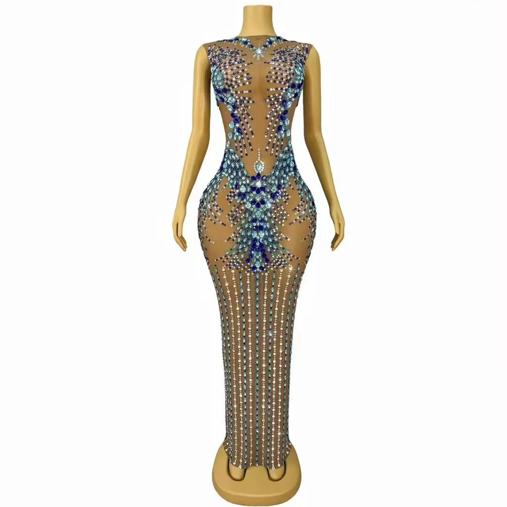 Sexy Luxury Sparkly Rhinestones Nude Mesh  Maxi Dress Women Evening Party Elegant Gown Show Red carpet Stage Costume