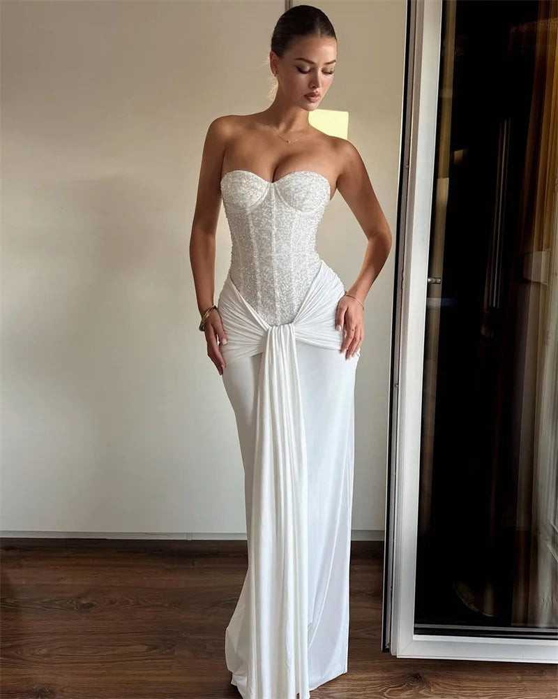 Mozision Sparkle Off-shoulder Sexy Maxi Dress Women Elegant Glitter Strapless Backless Sleeveless Draped Ruched Club Party Dress