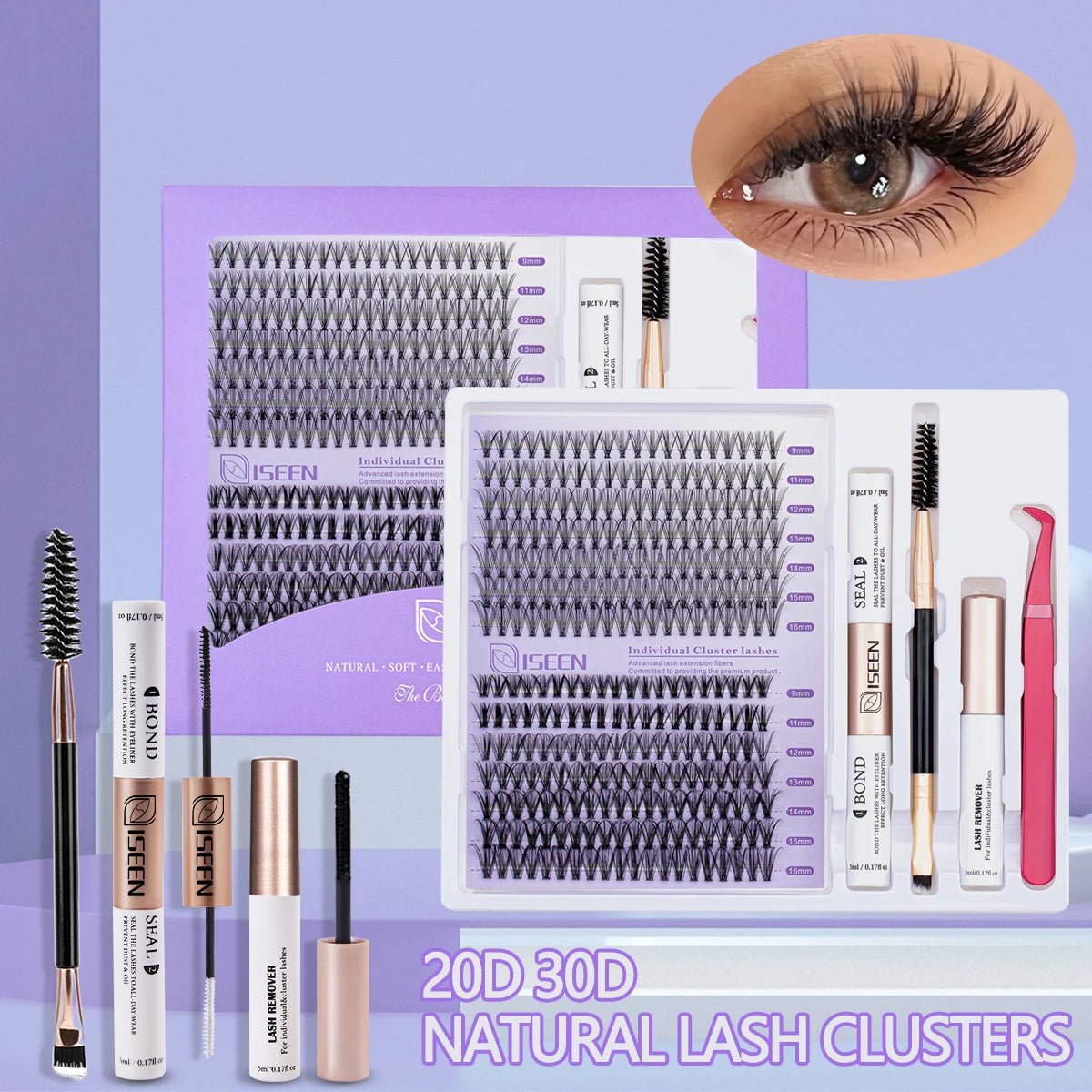 ISEEN DIY Lash Extension Mix Styles Lash Clusters Individual with Bond&Seal Remover Tweezers Lash Brush for Self Application