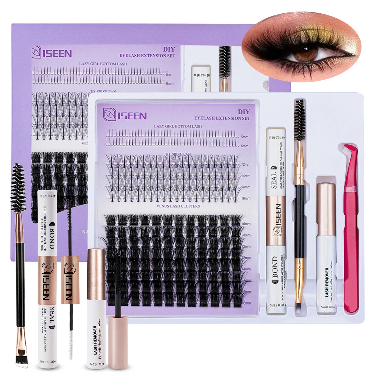 ISEEN DIY Lash Extension Mix Styles Lash Clusters Individual with Bond&Seal Remover Tweezers Lash Brush for Self Application