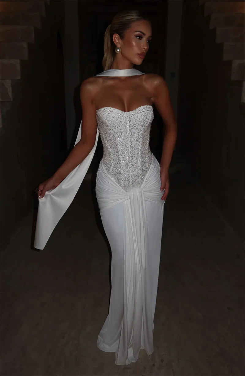 Mozision Sparkle Off-shoulder Sexy Maxi Dress Women Elegant Glitter Strapless Backless Sleeveless Draped Ruched Club Party Dress