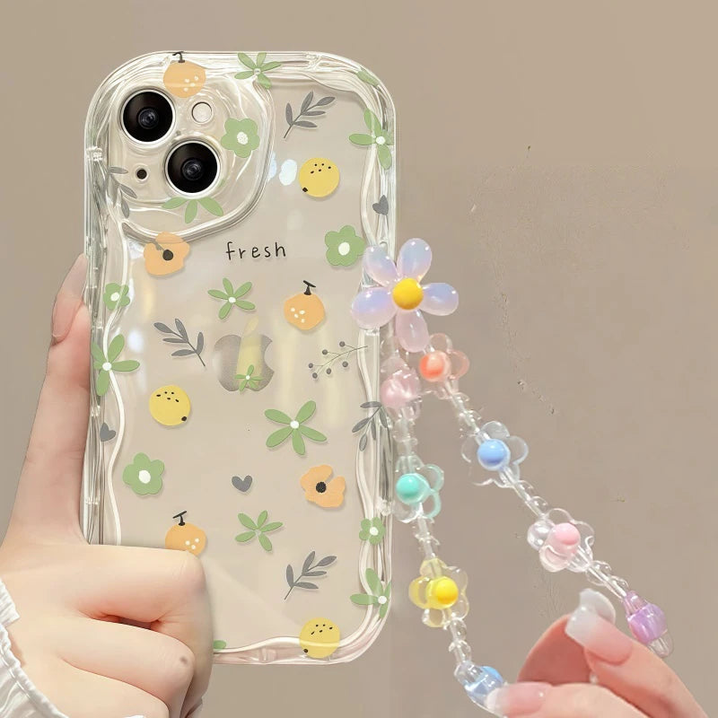 Phone Case For iPhone 17 16 15 Pro Max 14 11 13 12 Mini Plus 16E 17 Air IPhone17 Back Cover Flower Bracelet Wrist Chain Strap