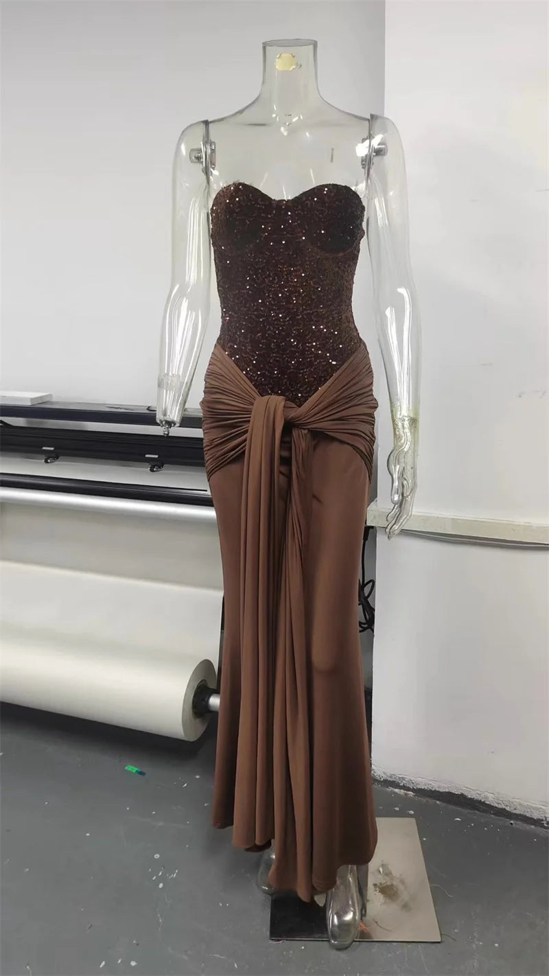 Mozision Sparkle Off-shoulder Sexy Maxi Dress Women Elegant Glitter Strapless Backless Sleeveless Draped Ruched Club Party Dress