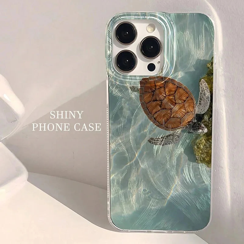 Phone Case For iPhone 16 15 14 13 12 11 Pro 16E 15Pro 16Pro Max X XS Max XR SE 2 7 8 Plus Cool Turtle Seaside Pattern IMD Cover