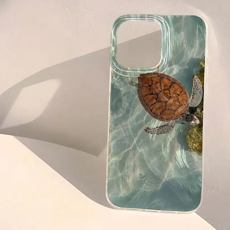 Phone Case For iPhone 16 15 14 13 12 11 Pro 16E 15Pro 16Pro Max X XS Max XR SE 2 7 8 Plus Cool Turtle Seaside Pattern IMD Cover
