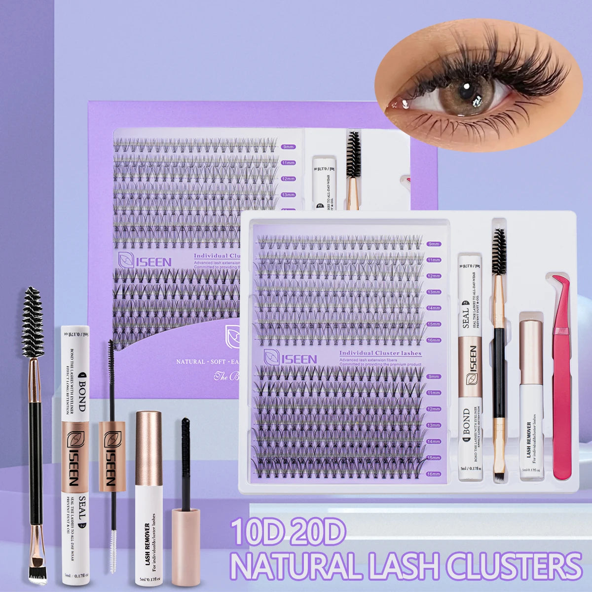 ISEEN DIY Lash Extension Mix Styles Lash Clusters Individual with Bond&Seal Remover Tweezers Lash Brush for Self Application