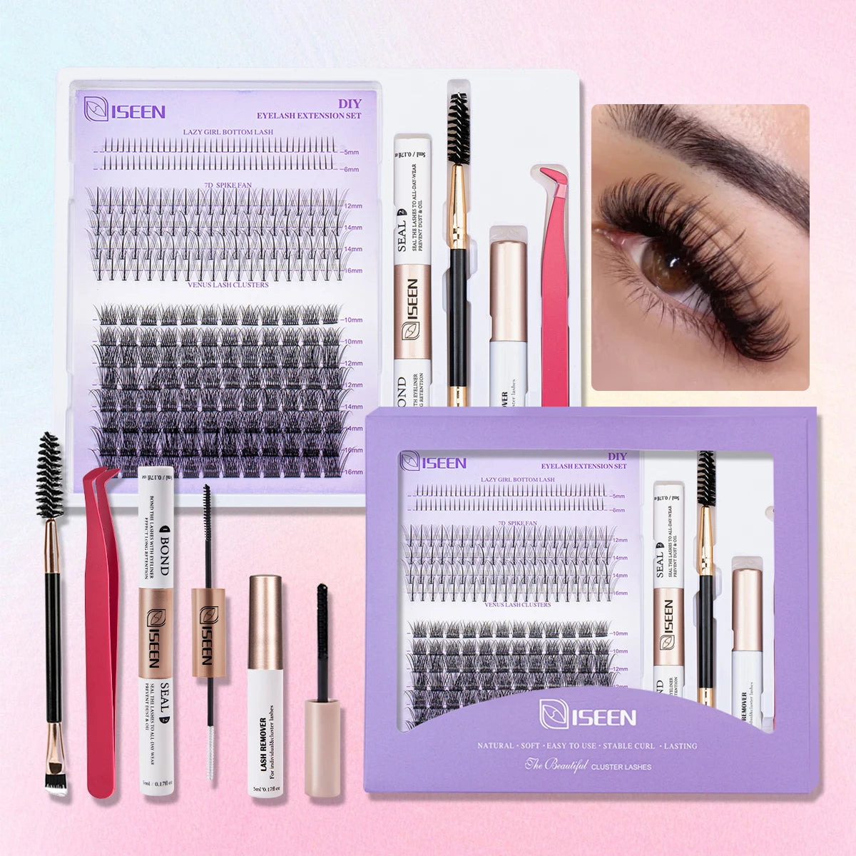 ISEEN DIY Lash Extension Mix Styles Lash Clusters Individual with Bond&Seal Remover Tweezers Lash Brush for Self Application