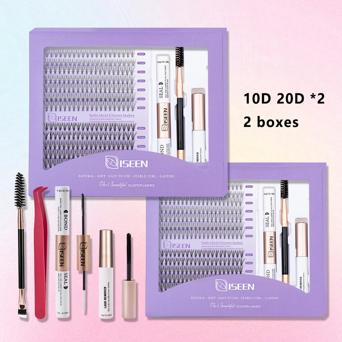 ISEEN DIY Lash Extension Mix Styles Lash Clusters Individual with Bond&Seal Remover Tweezers Lash Brush for Self Application