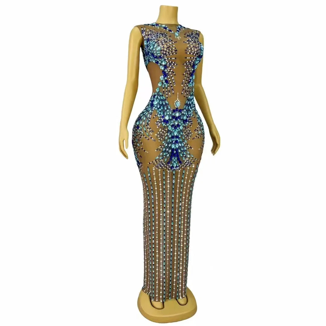 Sexy Luxury Sparkly Rhinestones Nude Mesh  Maxi Dress Women Evening Party Elegant Gown Show Red carpet Stage Costume