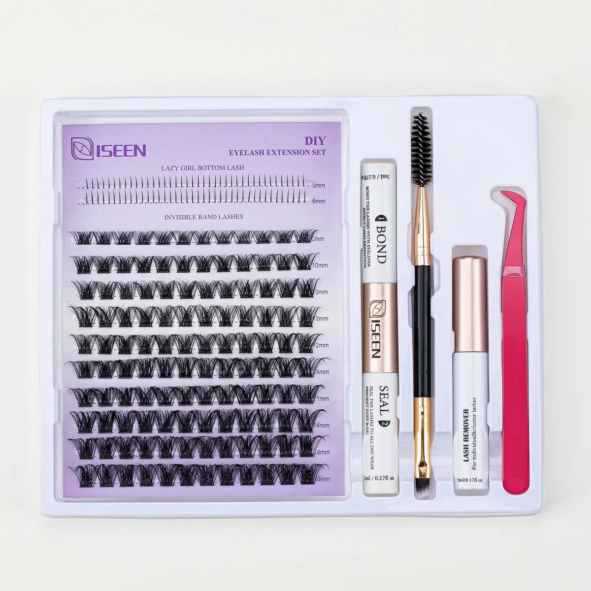 ISEEN DIY Lash Extension Mix Styles Lash Clusters Individual with Bond&Seal Remover Tweezers Lash Brush for Self Application