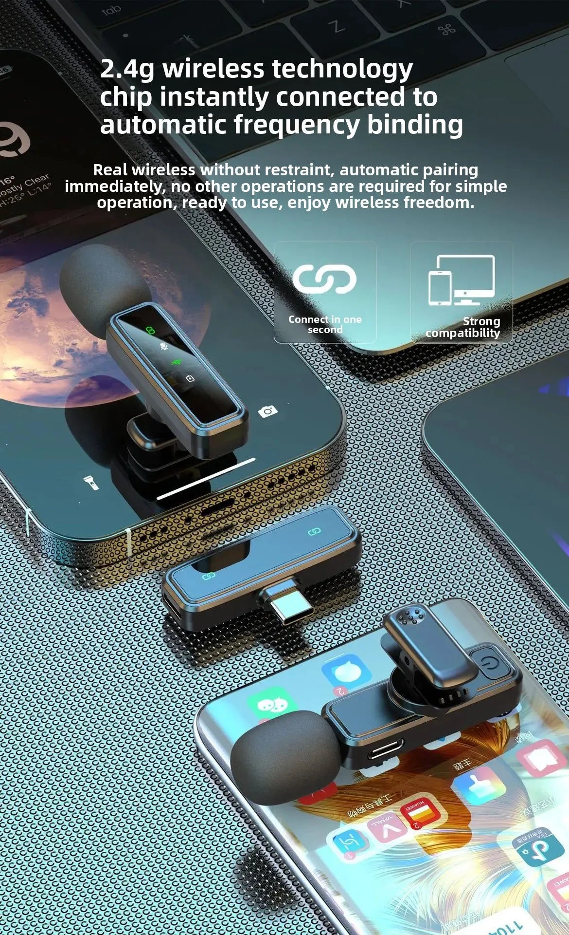 Wireless Lavalier Microphone Portable Audio Video Recording Mini Mic Adapter for iPhone Android Live Broadcast Gaming Phone Mic