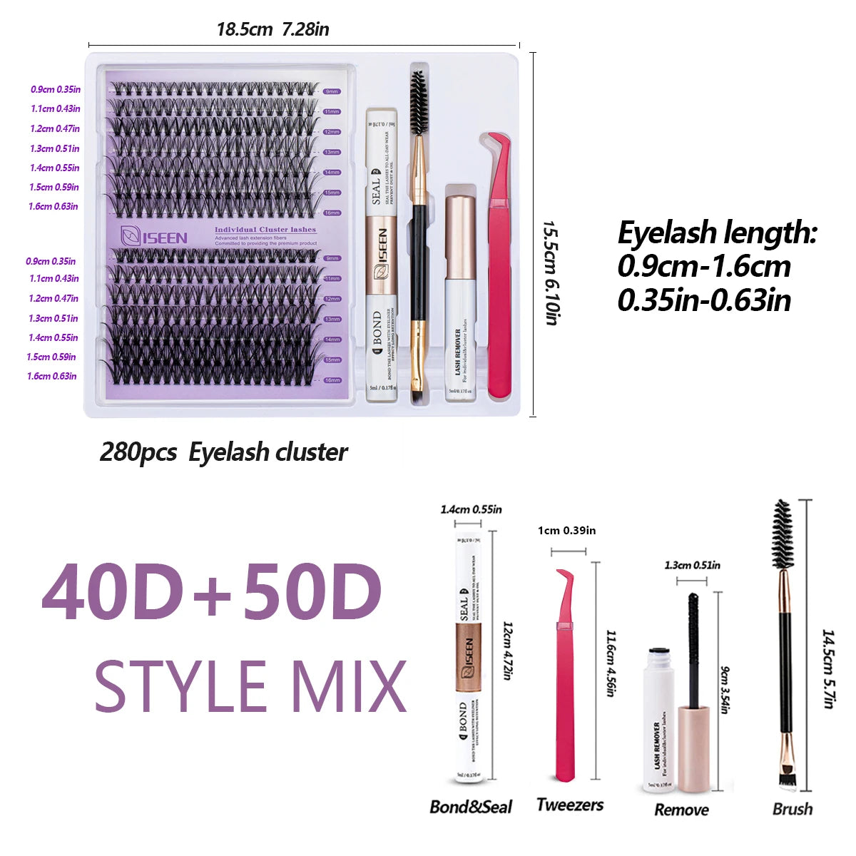 ISEEN DIY Lash Extension Mix Styles Lash Clusters Individual with Bond&Seal Remover Tweezers Lash Brush for Self Application