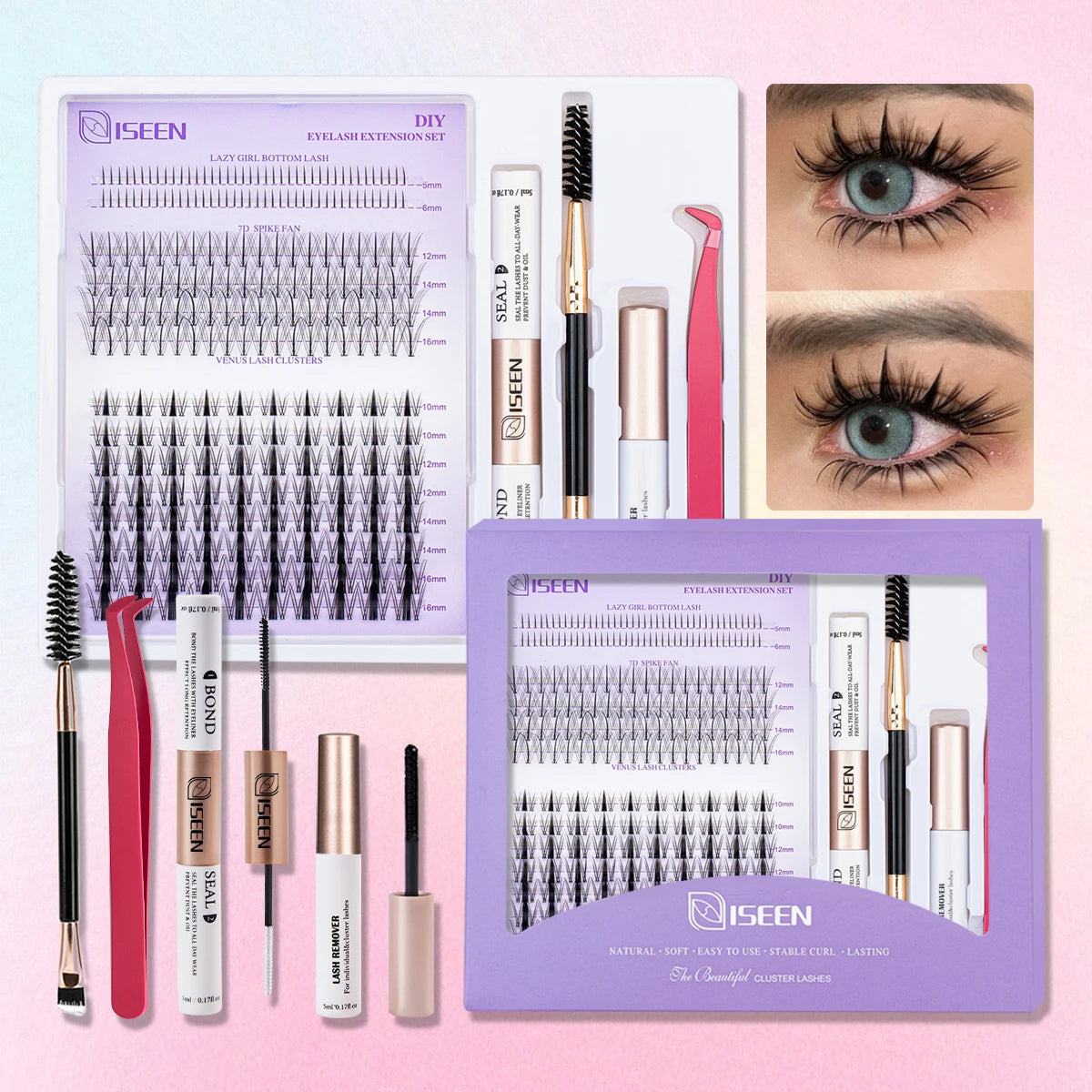 ISEEN DIY Lash Extension Mix Styles Lash Clusters Individual with Bond&Seal Remover Tweezers Lash Brush for Self Application