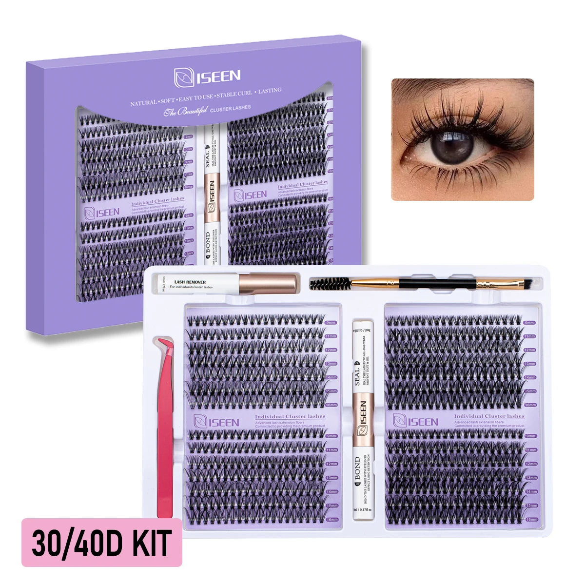 ISEEN DIY Lash Extension Mix Styles Lash Clusters Individual with Bond&Seal Remover Tweezers Lash Brush for Self Application