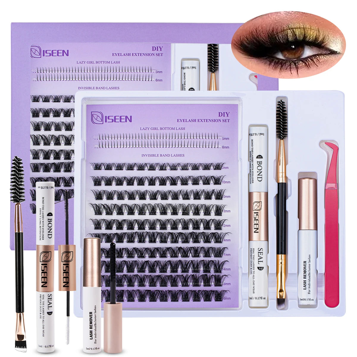 ISEEN DIY Lash Extension Mix Styles Lash Clusters Individual with Bond&Seal Remover Tweezers Lash Brush for Self Application